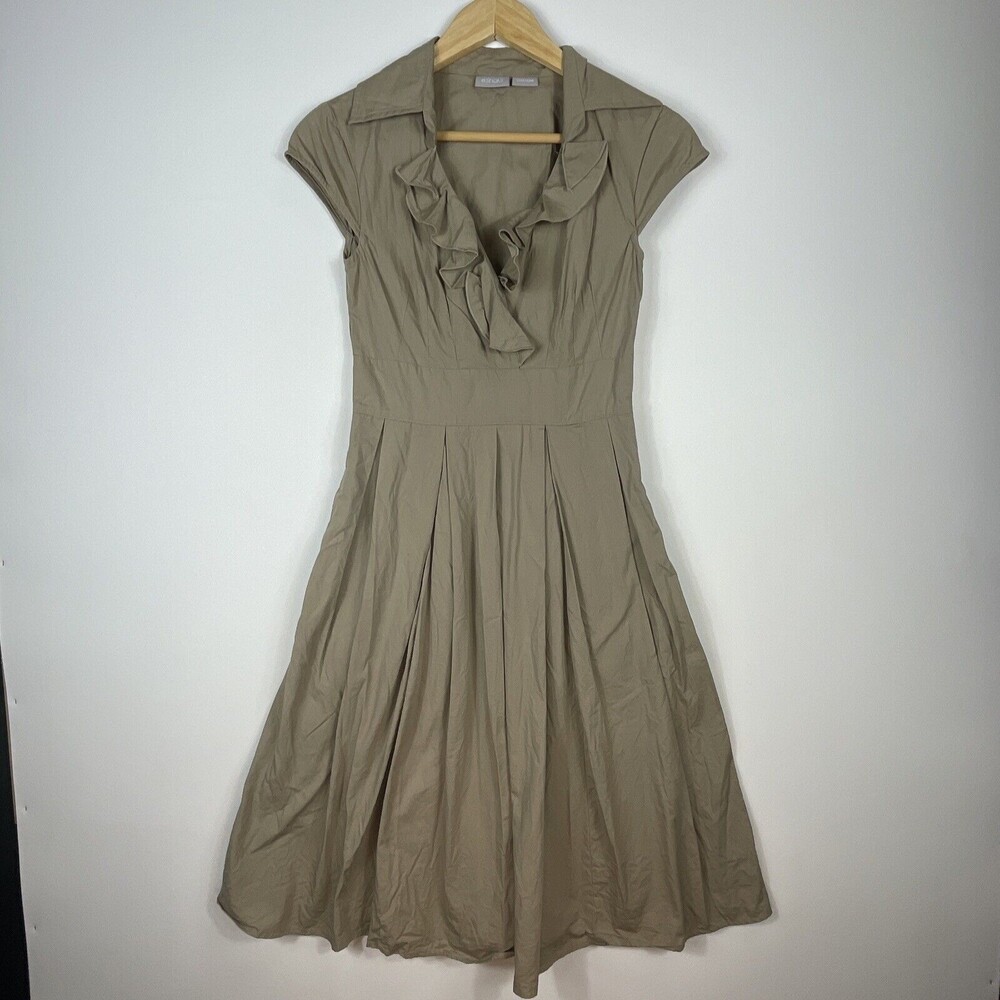 eShakti Dress Womens Custom 4 Tan Khaki Ruffle Neck Cap Sleeve Modest Preppy